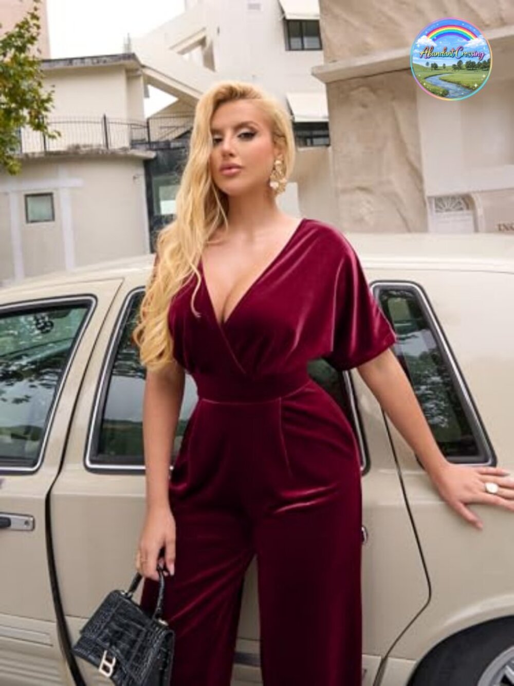 Women's Velvet V-Neck Wide Leg Jumpsuit with Pockets